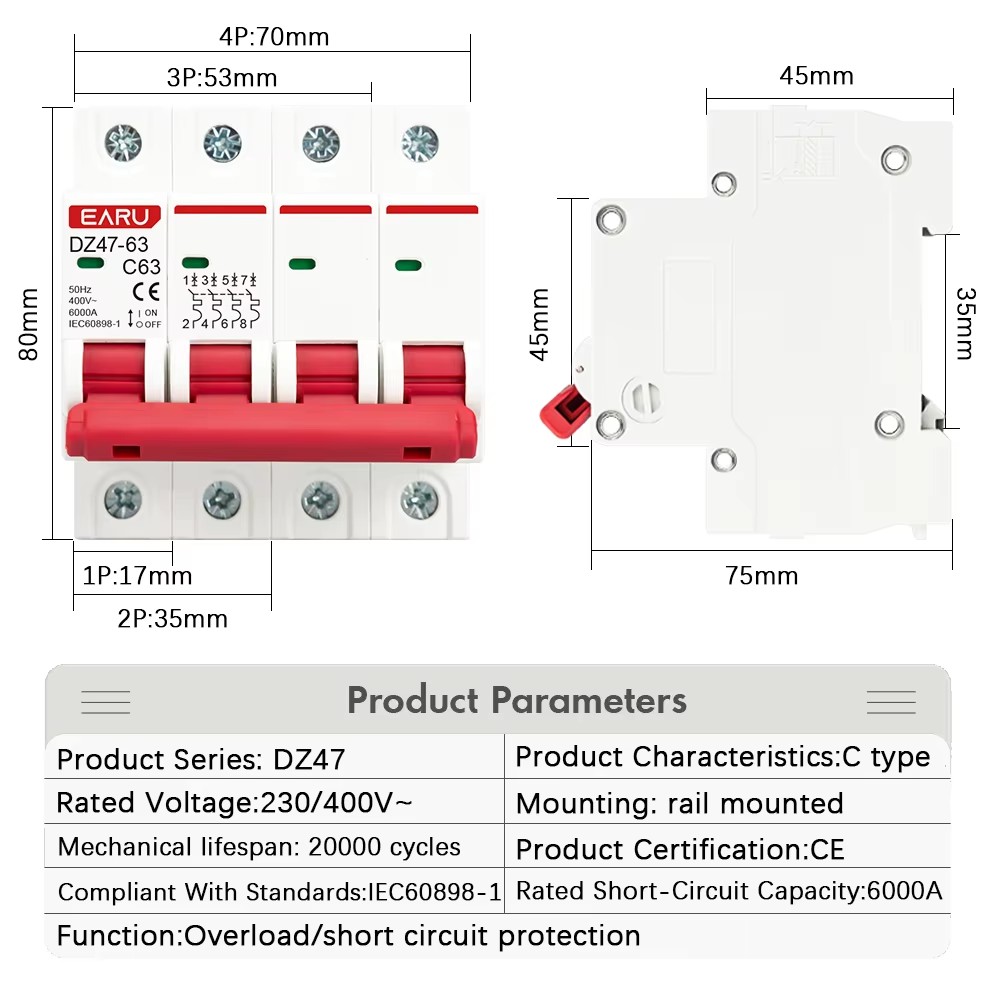 DZ47 1P 2P 3P 4P 3A-63A AC 230 – обзор и цена Din Rail Circuit Breaker